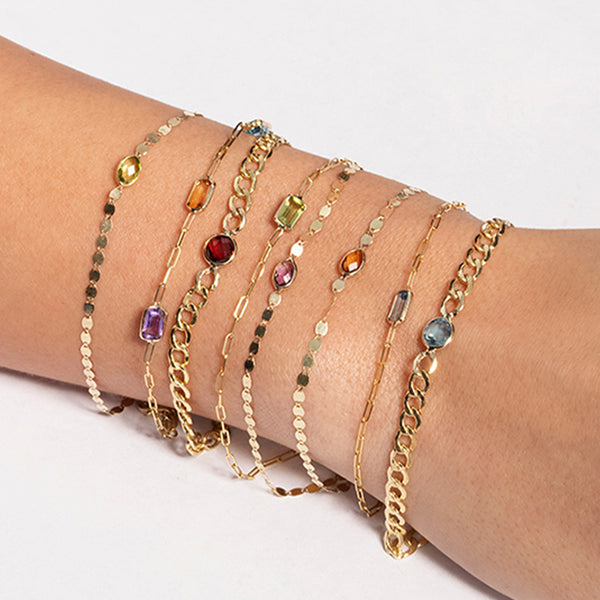 14K GOLD GEM STONES CURB CHAIN BRACELET